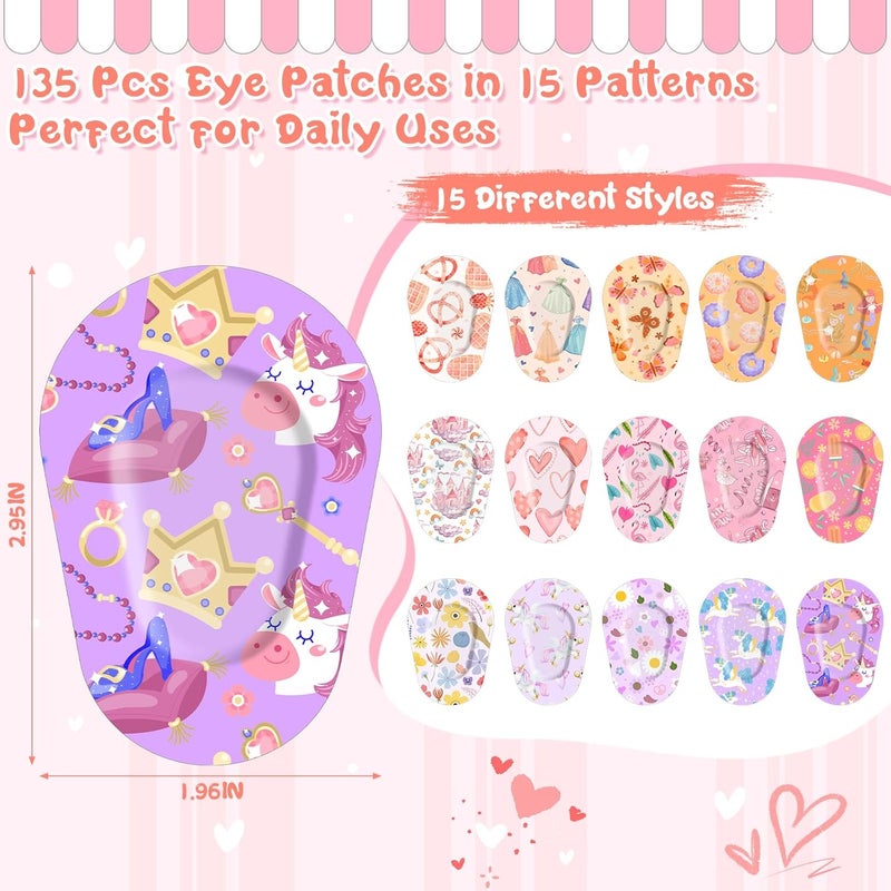 Jollidecor 135Pcs Eye Patches for Kids 15 Styles Adhesive Patches Bulk, Soft Breathable Amblyopia Lazy Eye Patches, Colorful Cute Cotton Adhesive Bandages 2.95x1.96 in Disposable Patches for Girls Toddler Adults - Image 2